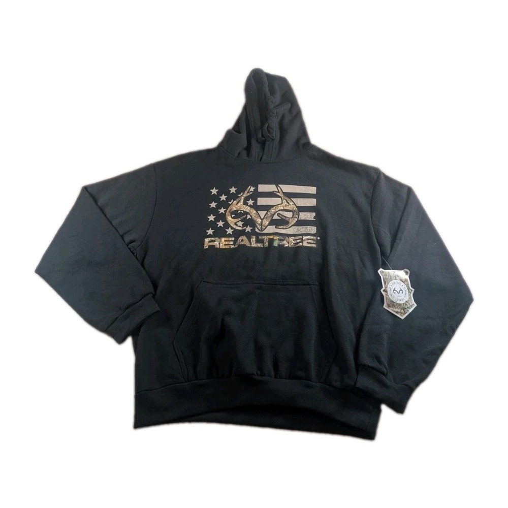 NWT Realtree Men's Black Hoodie Camo American Flag Antler Logo Size L Pullover